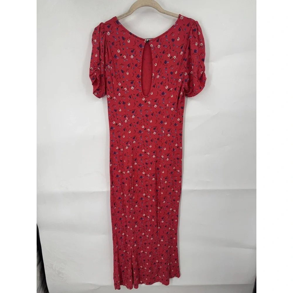 Free People Caroline Floral Midi Dress Women M Coral‎ Preppy Bohemian Peasant